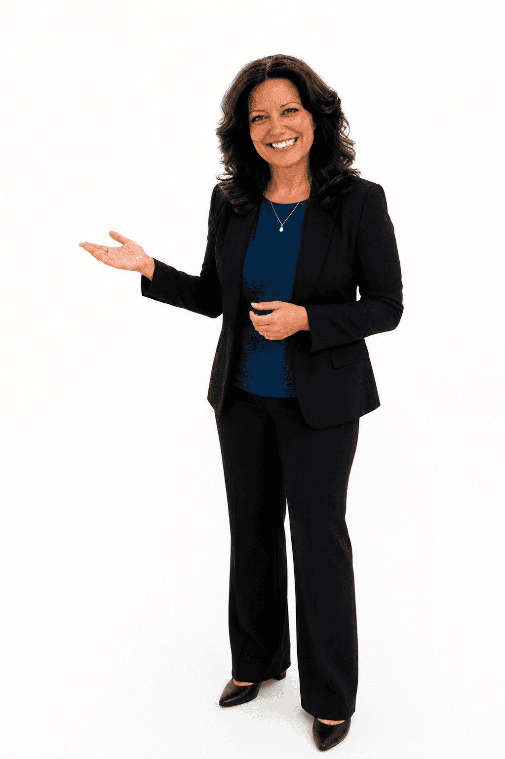 Smiling woman in business attire gesturing.